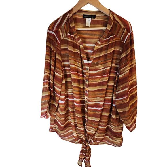 SARA MICHELLE Women's Brown and Yellow Semi Sheer Blouse with Tie Waist SZ 3X - Picture 1 of 9